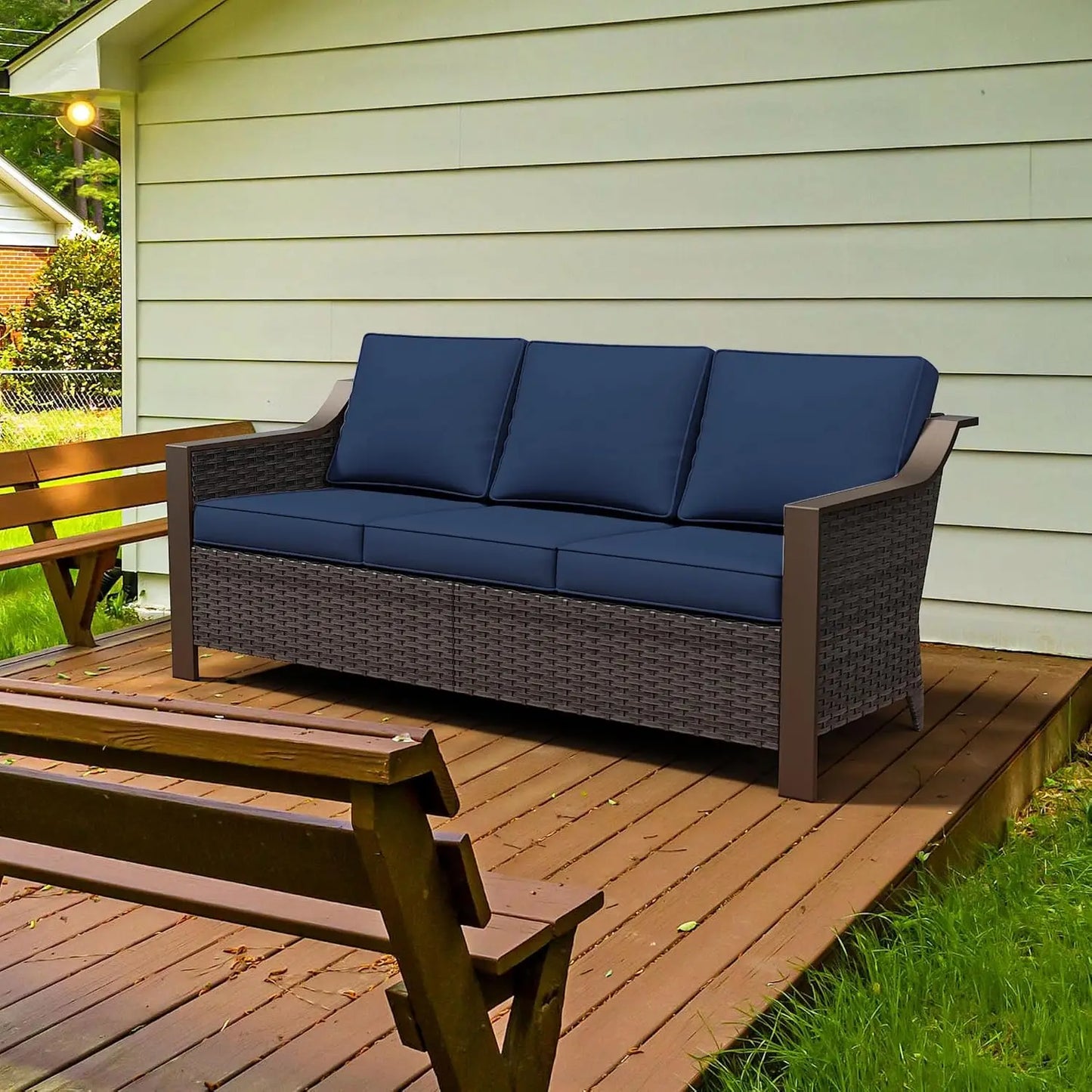 HUANZHUANG Outdoor Metal Wicker Patio Sofa 3 Seat Set