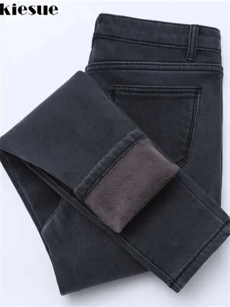 YUKIESUECN Women Warm Thick Denim Jeans High Waist Fleece