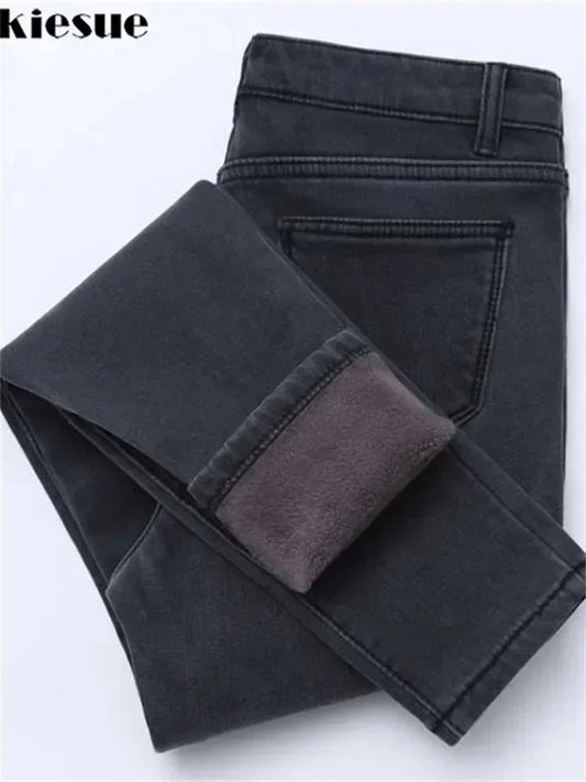 YUKIESUECN Women Warm Thick Denim Jeans High Waist Fleece