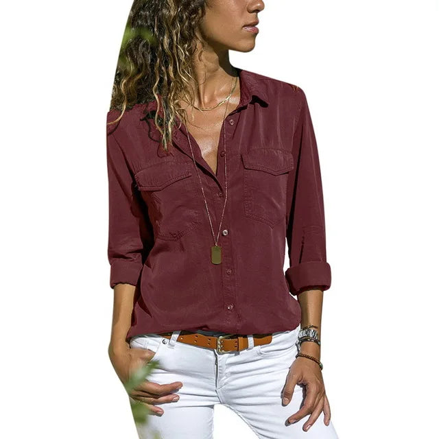CYWANGCANCANCN Womens V Neck Long Sleeve Shirt With Pockets