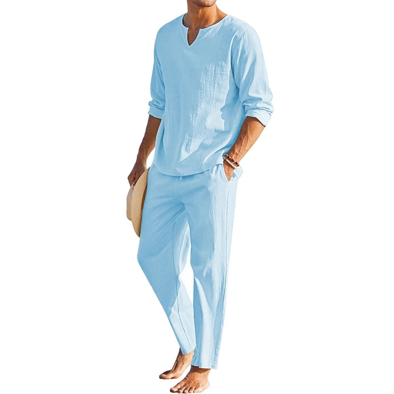 Guangdong Men's Summer Cotton Linen 2 Piece Loungewear Set