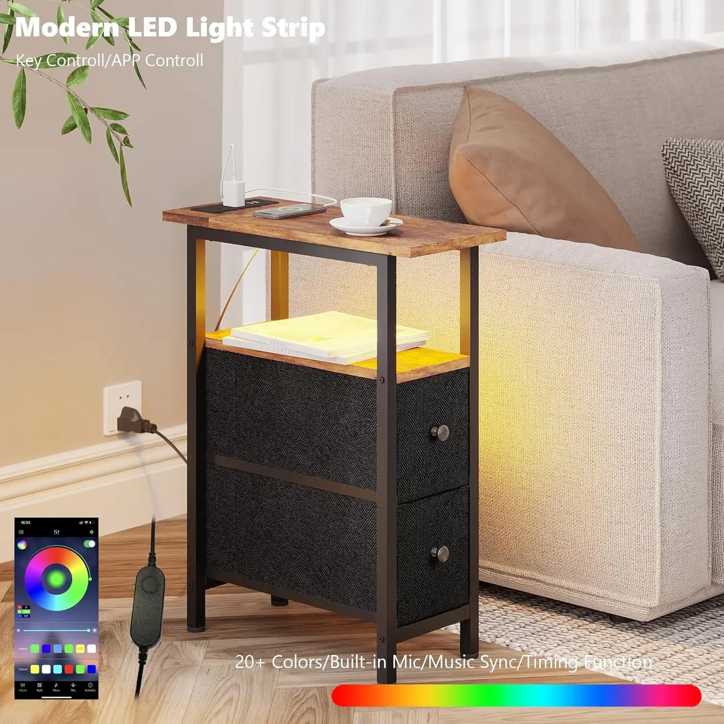 Slim Side Table with Two Fabric Drawers and LED Lights for Bedroom and Living Room