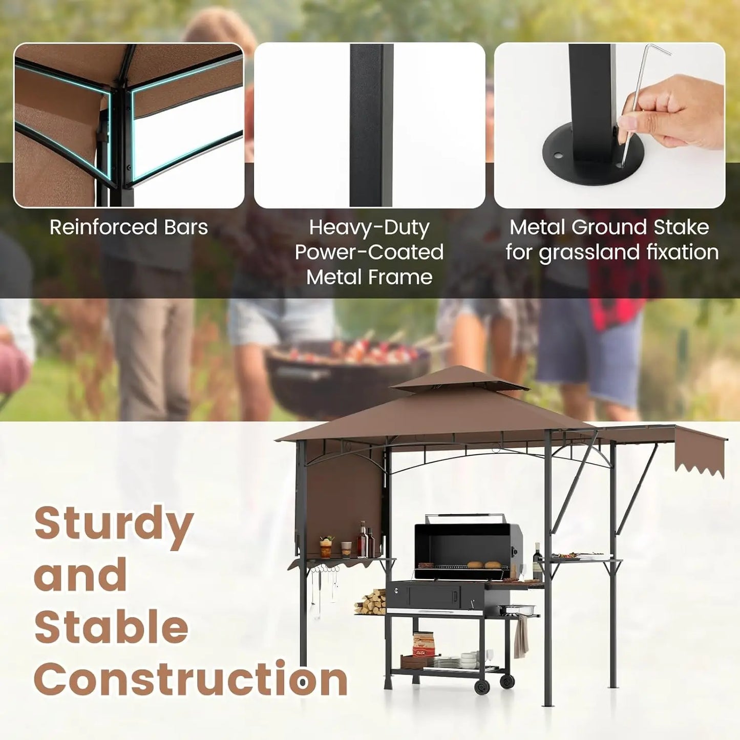 Grill Gazebo With Dual Awnings And Adjustable Shadow Features