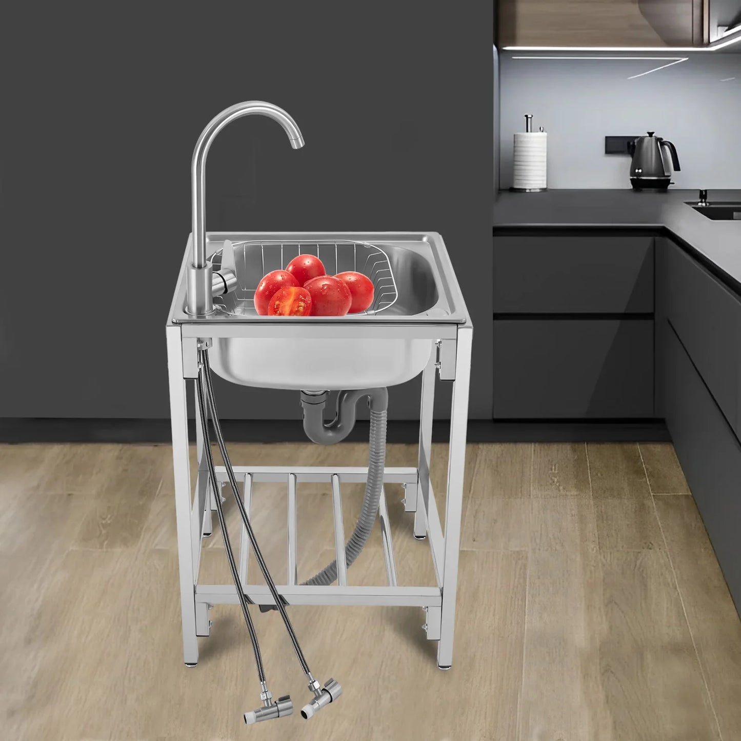 Freestanding Stainless Steel Single Bowl Kitchen Sink with Faucet