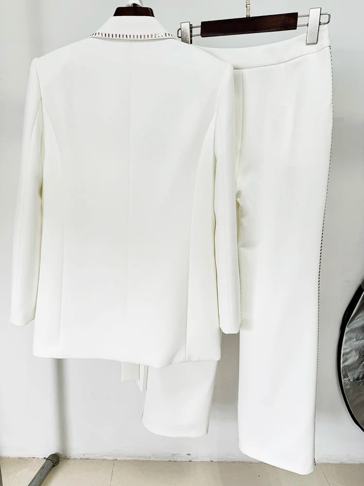 High Street Women's Designer Beaded Blazer Pants Suit Set