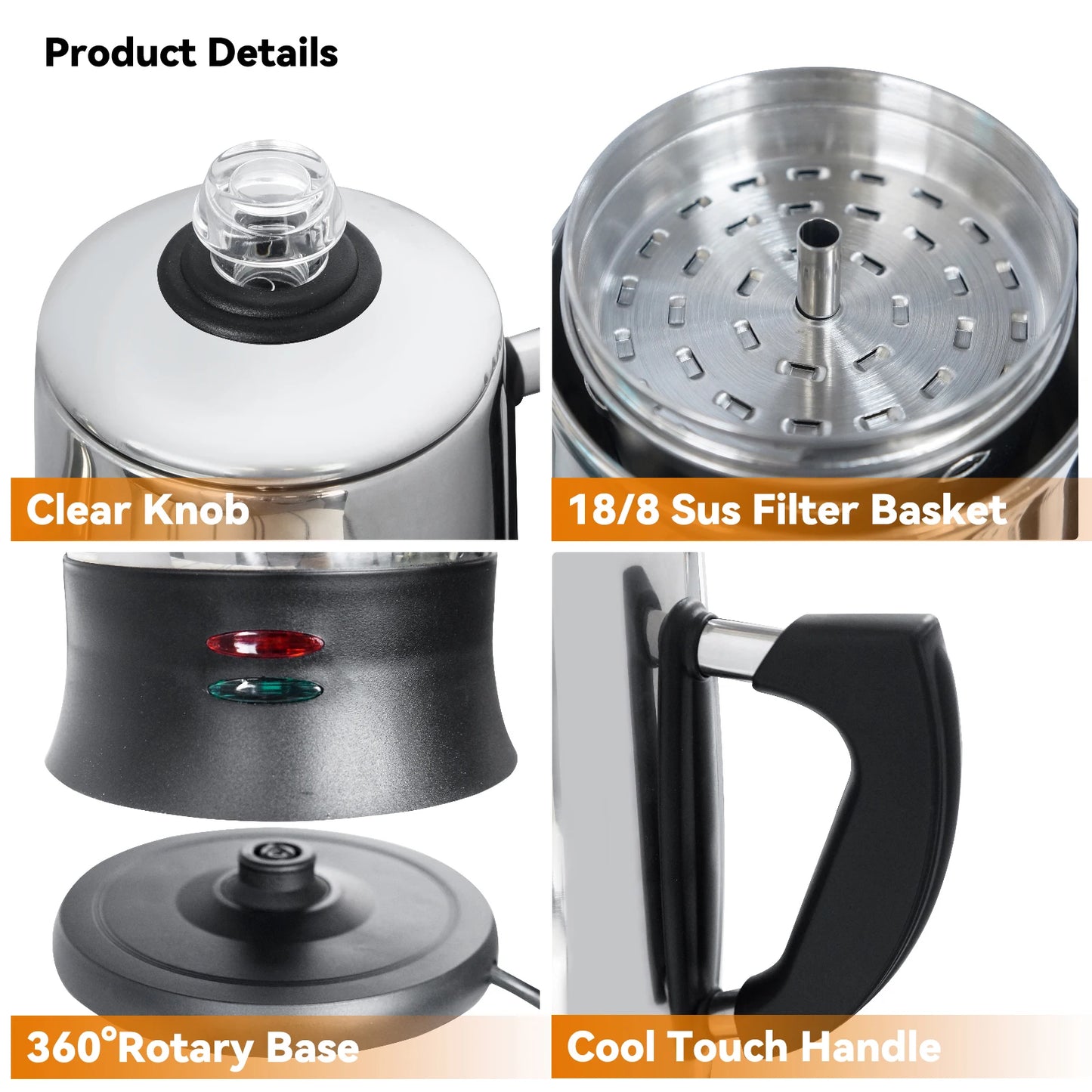 SenseMake 1.8L Percolator 12 Cup Steel Coffee Maker