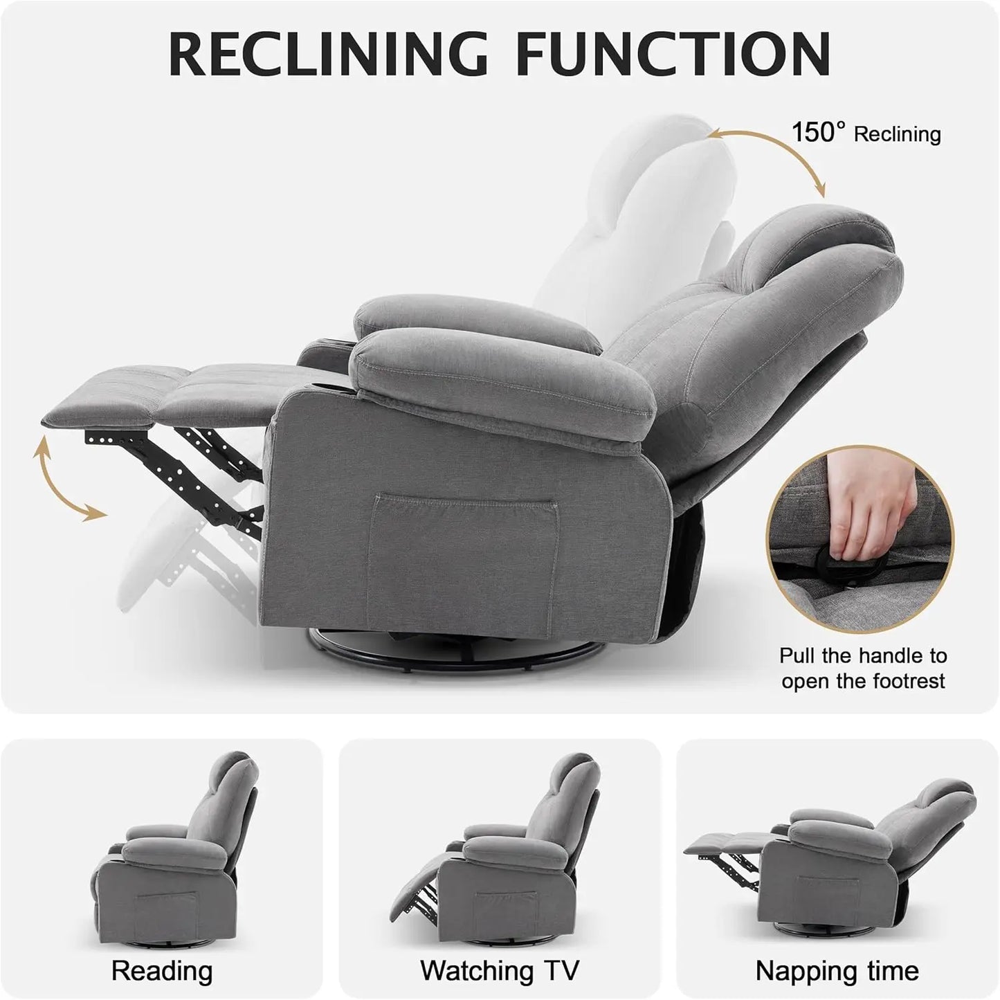 XMSJ Swivel Rocker Recliner Chair With Heat And Massage USB