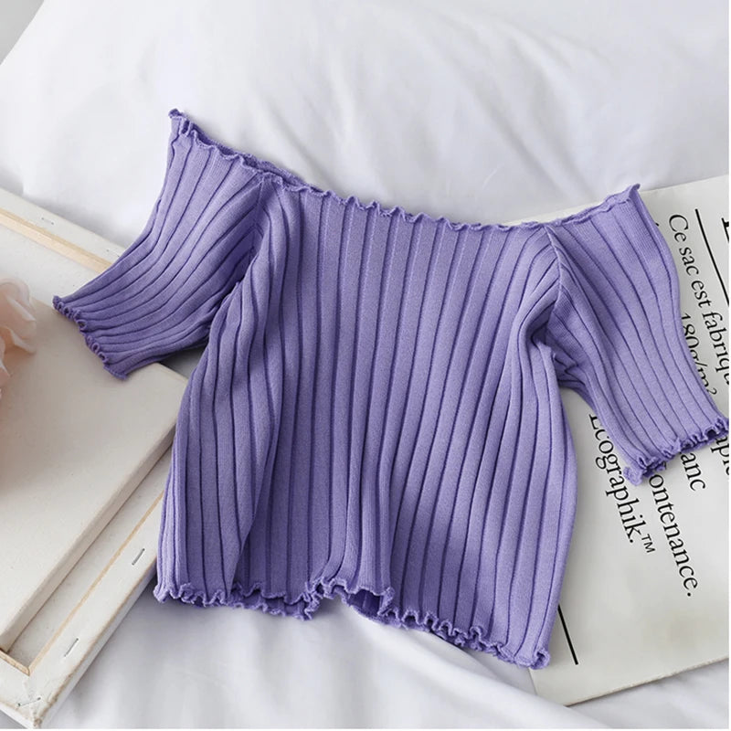 IToolin Women Ruffled Hem Off Shoulder Crop Top T-shirt