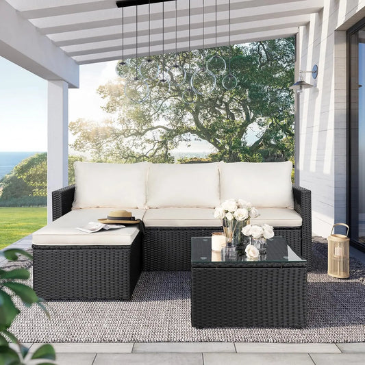 All Weather Outdoor PE Rattan Patio Conversation Sofa Set 3 Piece with Glass Coffee Table Garden Furniture Sets