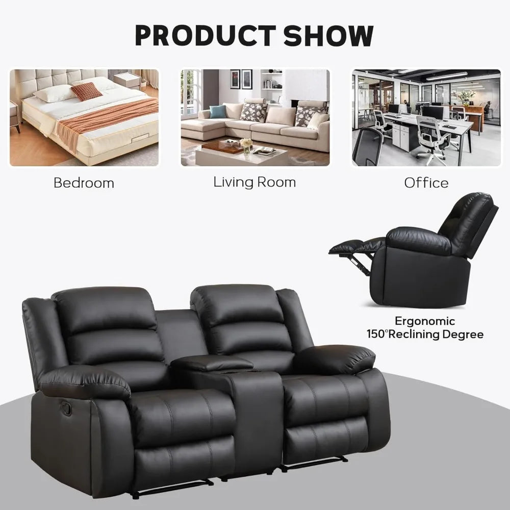 Faux Leather Manual Loveseat Recliner With Hidden Cup Holders