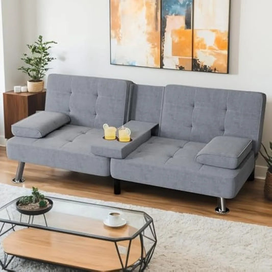 Convertible Sofa Bed with Removable Armrests and Cup Holders