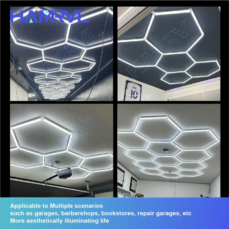 Garage Lights Hexagon Lamp 110-240V LED Tube Honeycomb Ceiling Lighting for Workshop Car Showroom Auto Body Repair Gym
