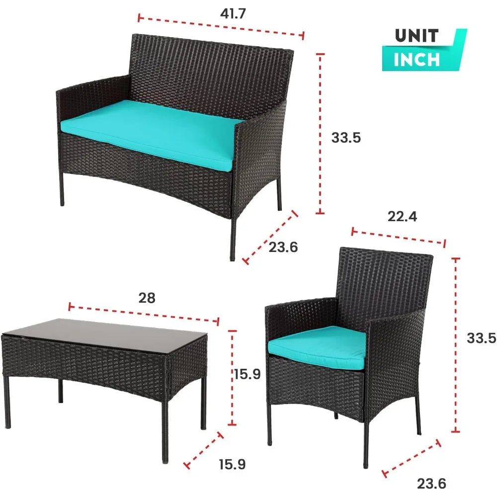4 Piece Outdoor Wicker Patio Conversation Furniture Set with Coffee Table and Seat Cushions