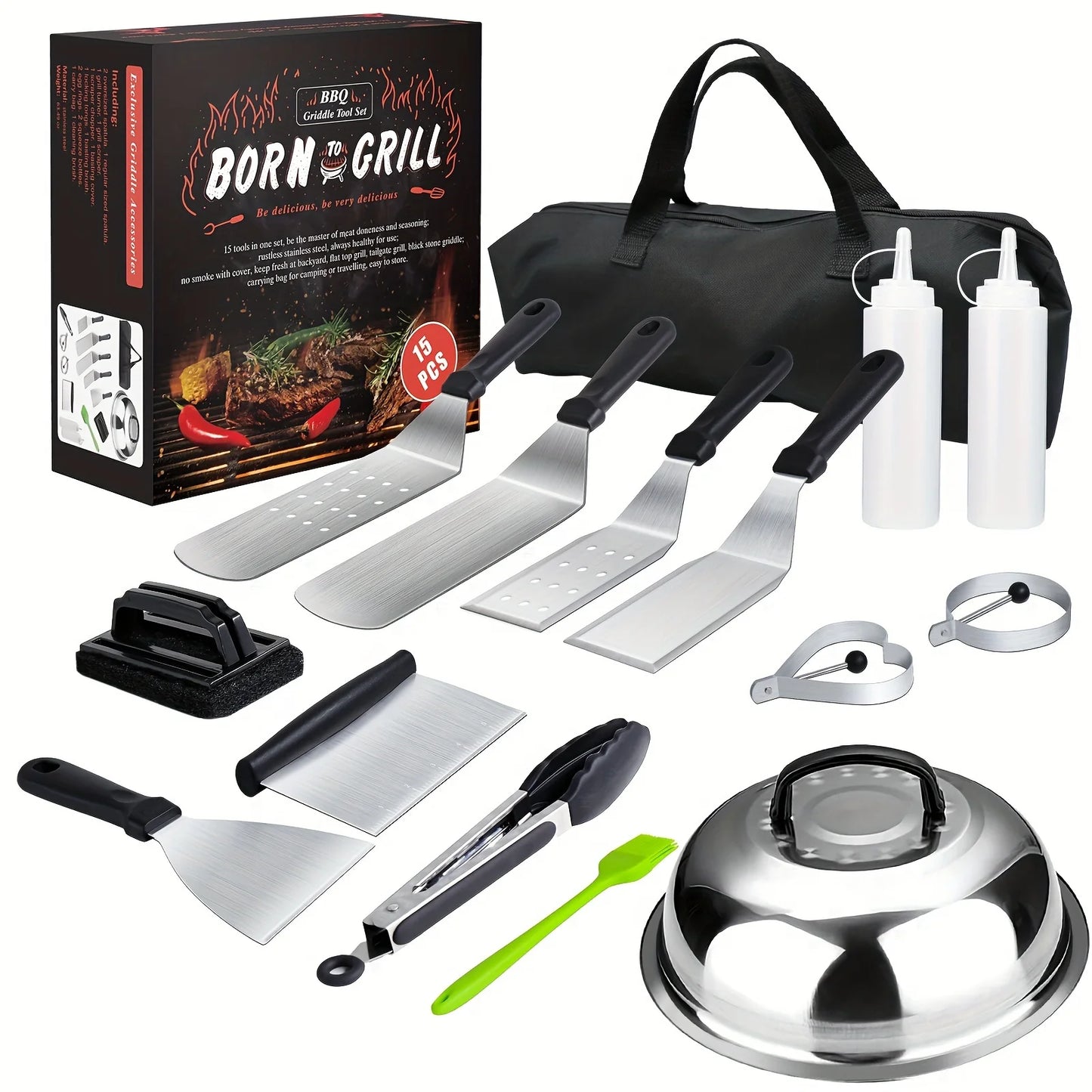 15 Piece Stainless Steel Grill Tool Set for Outdoor Cooking