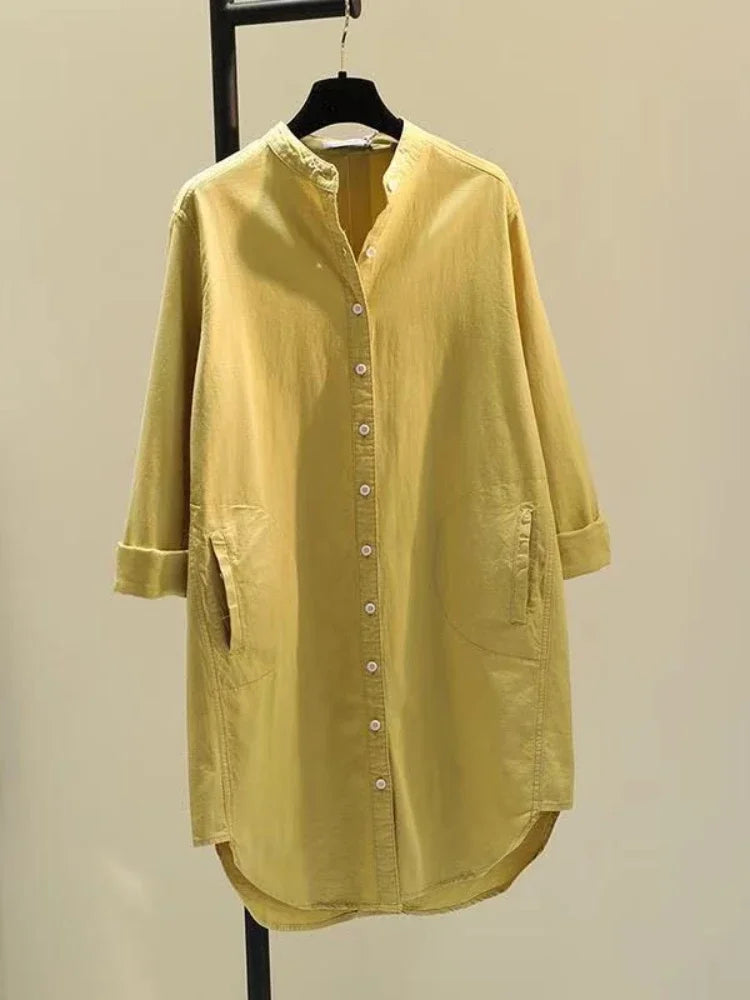 GPBDCN Cotton Linen Womens Shirt Single Breasted Round Neck
