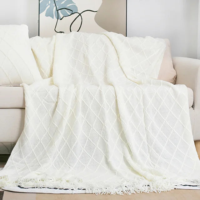 Nordic Knitted TV Blanket with Tassels Soft Fleece Throw Shawl for Sofa and Bed End Decor
