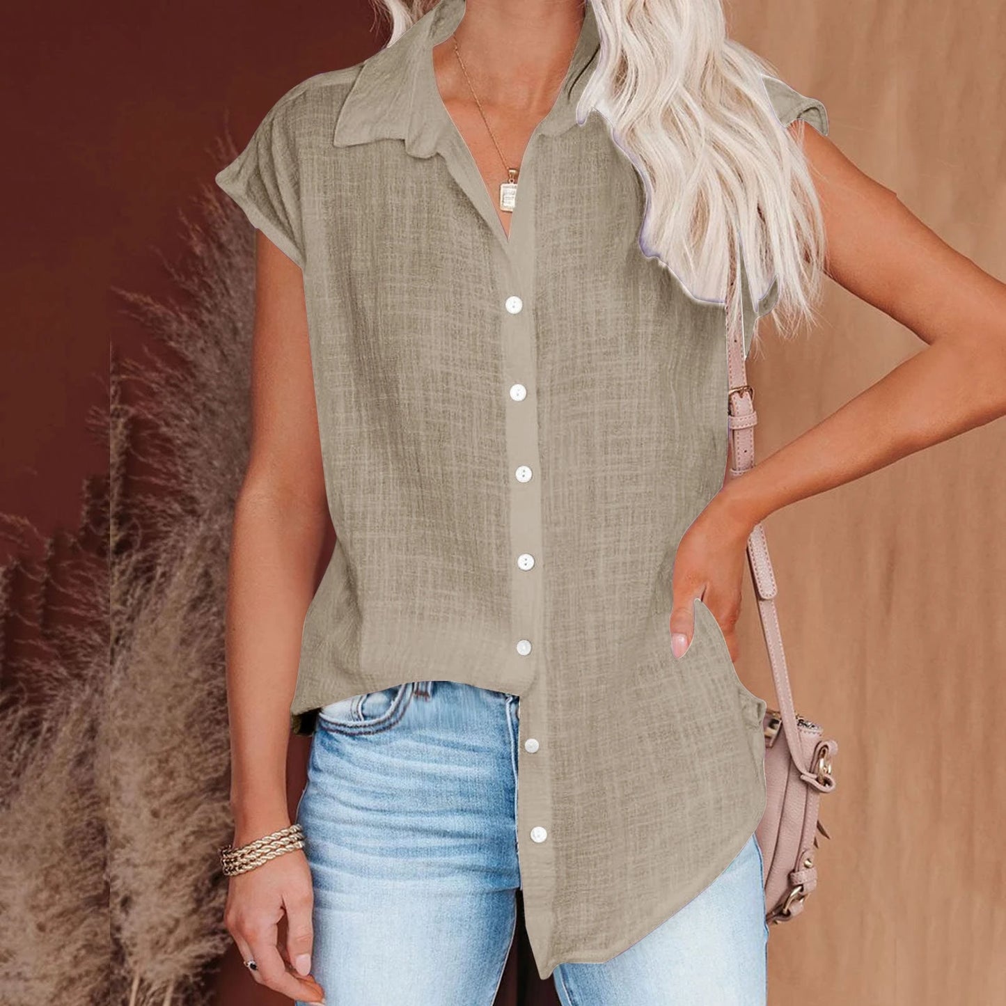 Hallolilla Cotton Linen Shirt Women Short Sleeve Top