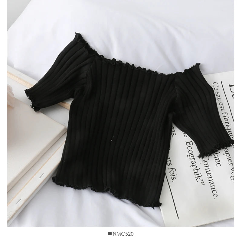 IToolin Women Ruffled Hem Off Shoulder Crop Top T-shirt