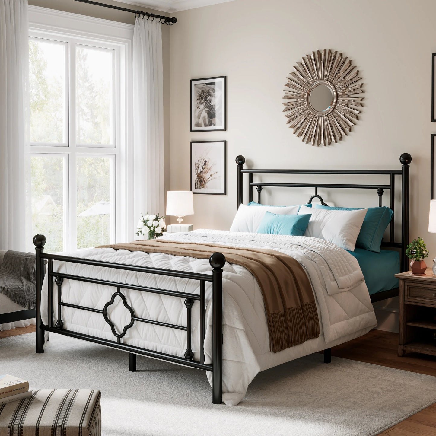 Hoomic Victorian Wrought Iron Headboard Platform Bed Frame