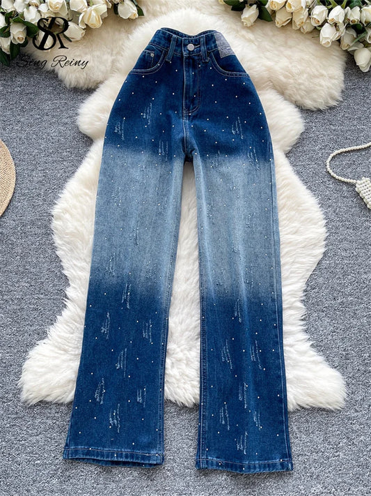 SR.Singreiny High Street Gradient Jeans Women High Waist