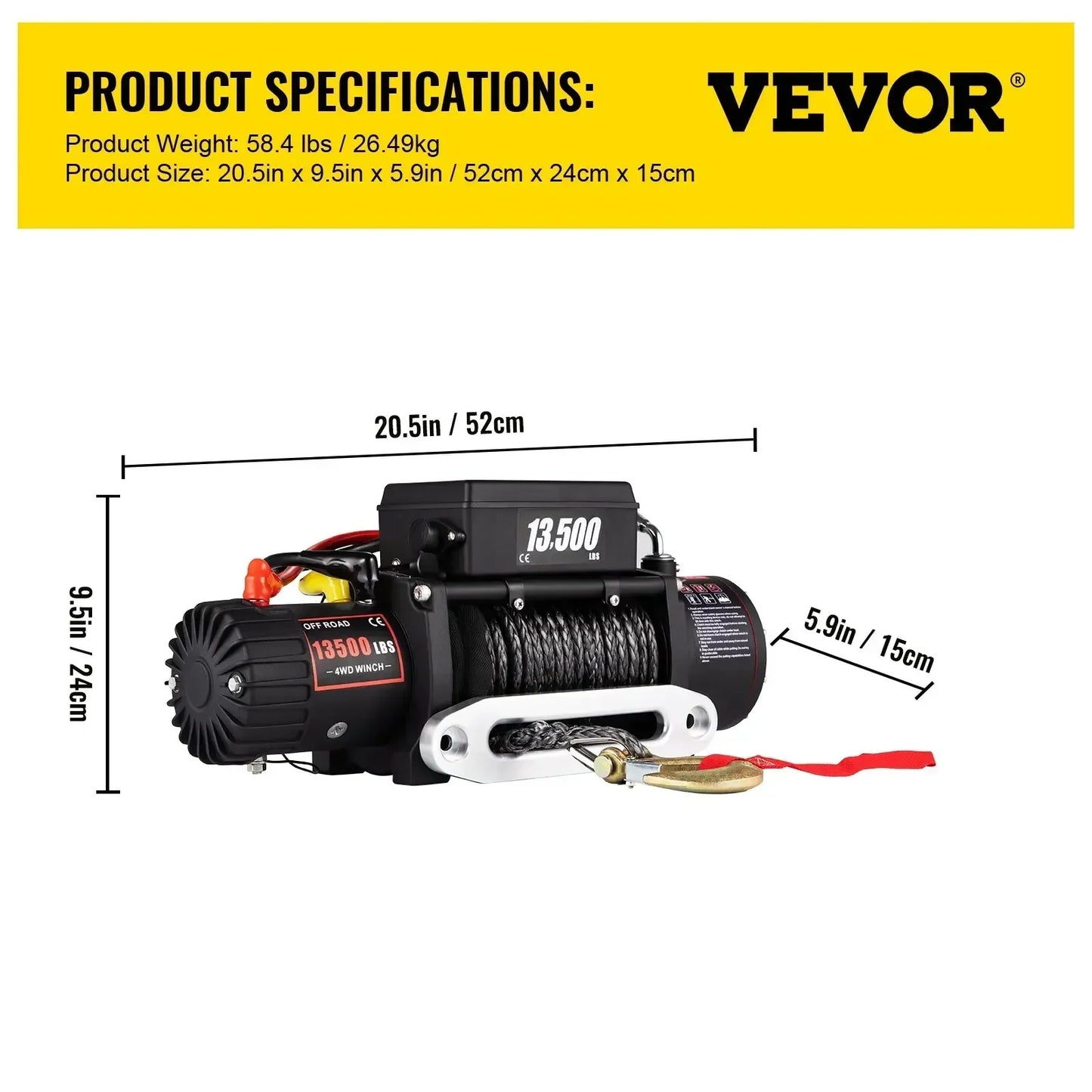 VEVOR 13500 Lbs 12V Electric Winch With Synthetic Tow Rope