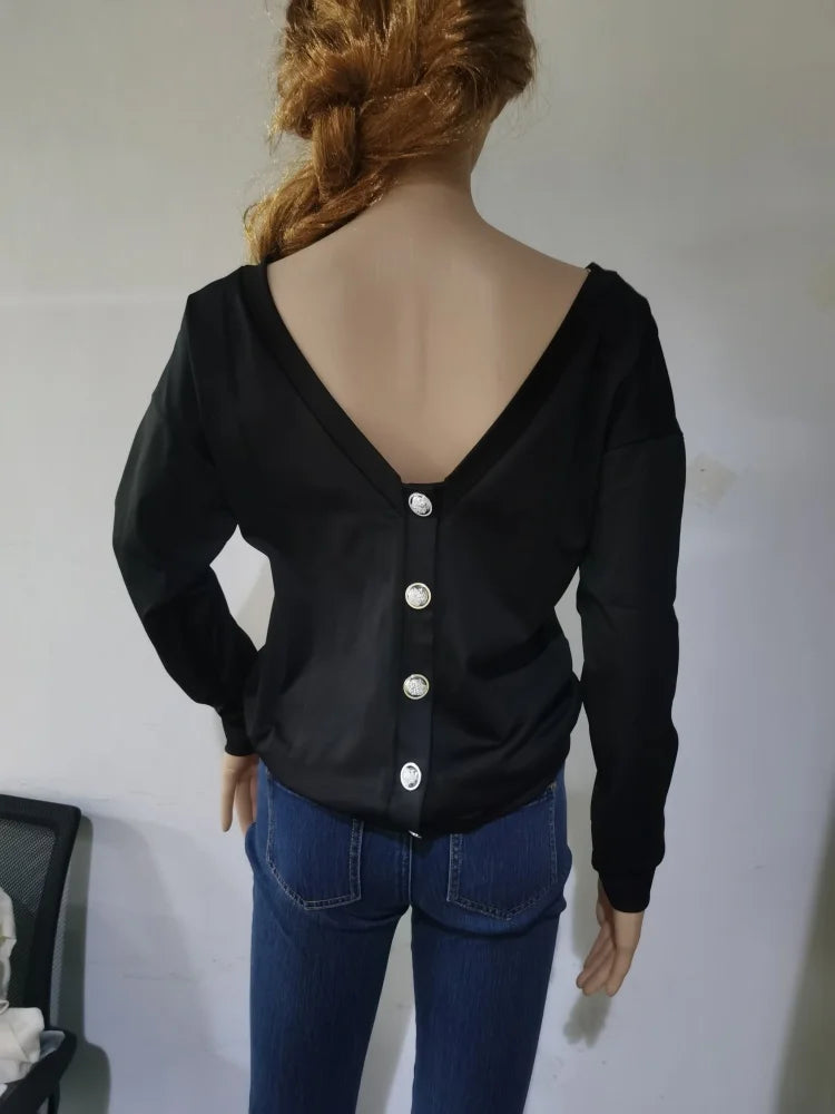 SURE XIAO STORY Autumn Long Sleeve Back Button Pullover