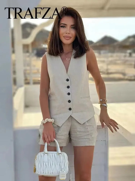 TRAFZA Women Casual Vintage Pant Suit Vest Shorts Set