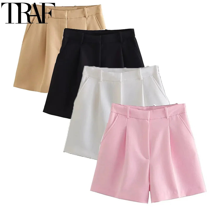 TRAF Women High Waist Casual Pleated Shorts