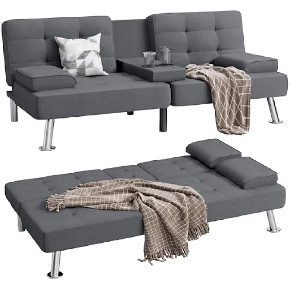 Convertible Sofa Bed with Removable Armrests and Cup Holders