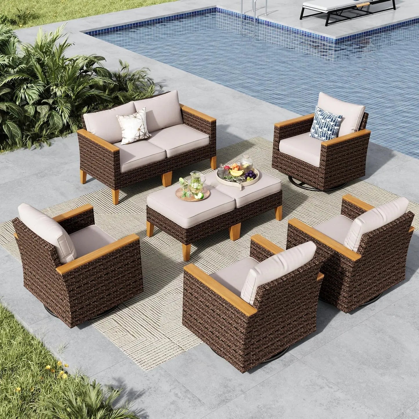9 Piece Wicker Patio Furniture Set with 56 Inch Fire Pit Table All Weather PE Rattan Patio Sectional Sofa Conversation Set