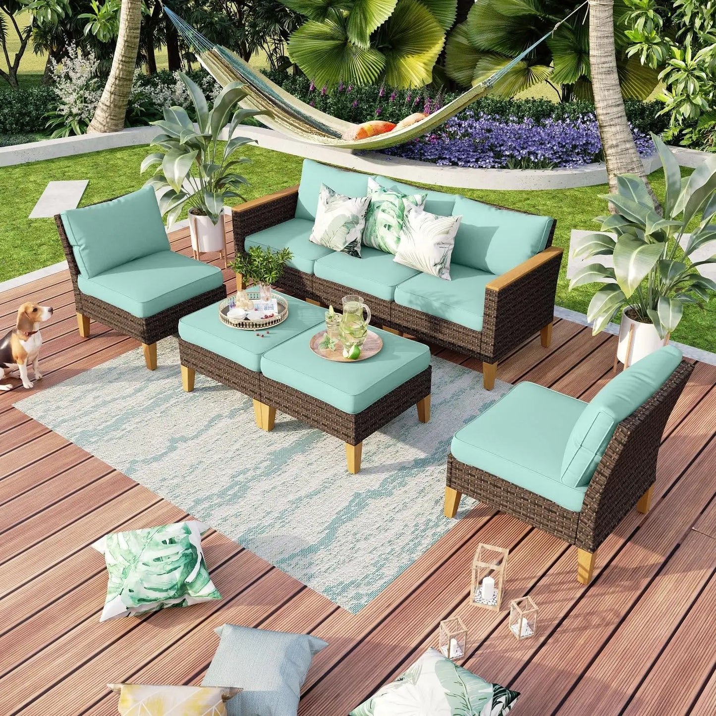 9 Piece Wicker Patio Furniture Set with 56 Inch Fire Pit Table All Weather PE Rattan Patio Sectional Sofa Conversation Set