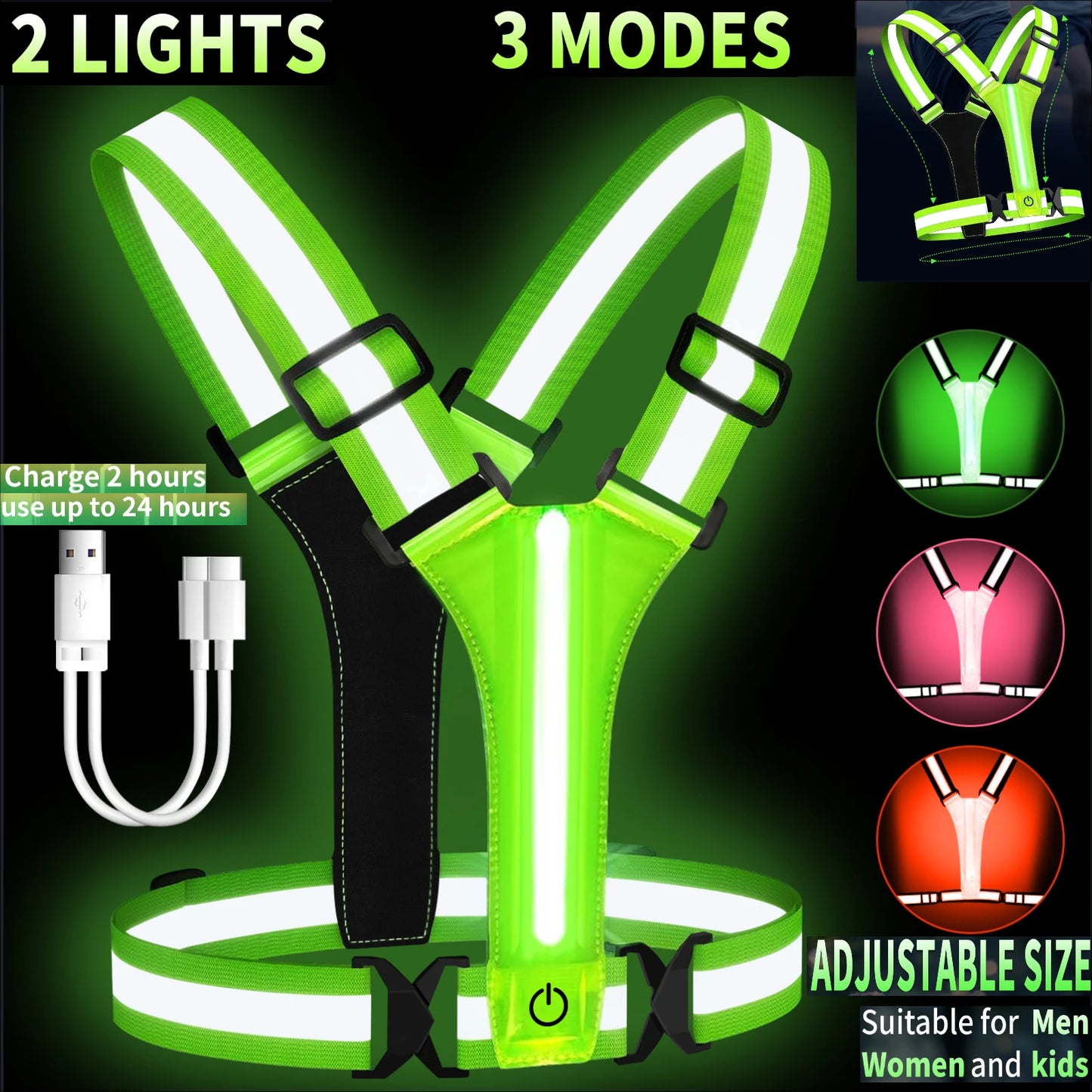 Adjustable Reflective Security Vests High Visibility Rechargeable Running Gear for Outdoor Night Runners and Cyclists