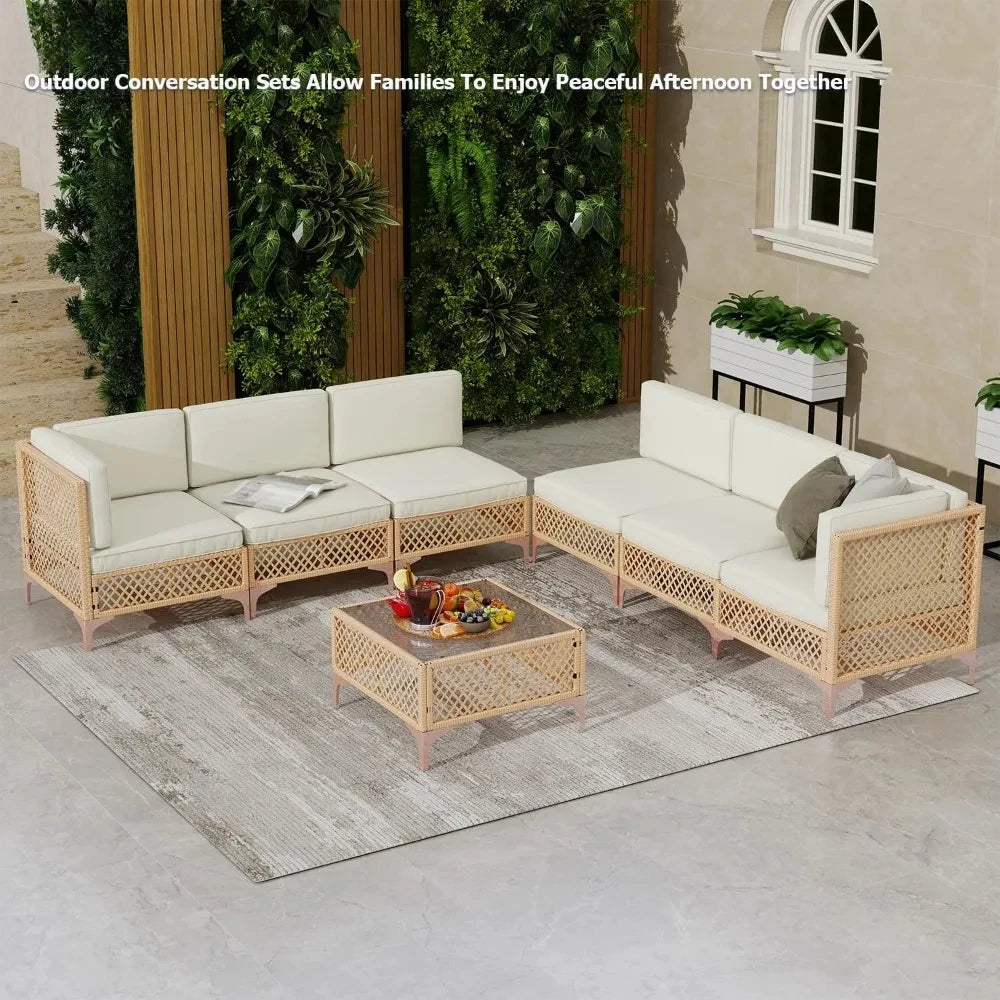 7 Piece Outdoor Patio Furniture Set Wicker Couch Set with Glass Table and Cushions