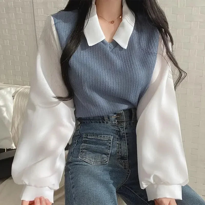 CN False Two Piece Polo Collar Women Blouse Spring Casual
