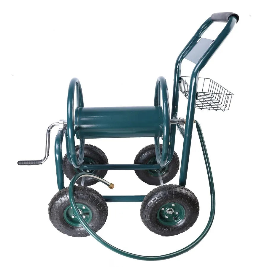 Portable Garden Hose Reel Cart with Storage Basket and Wheels