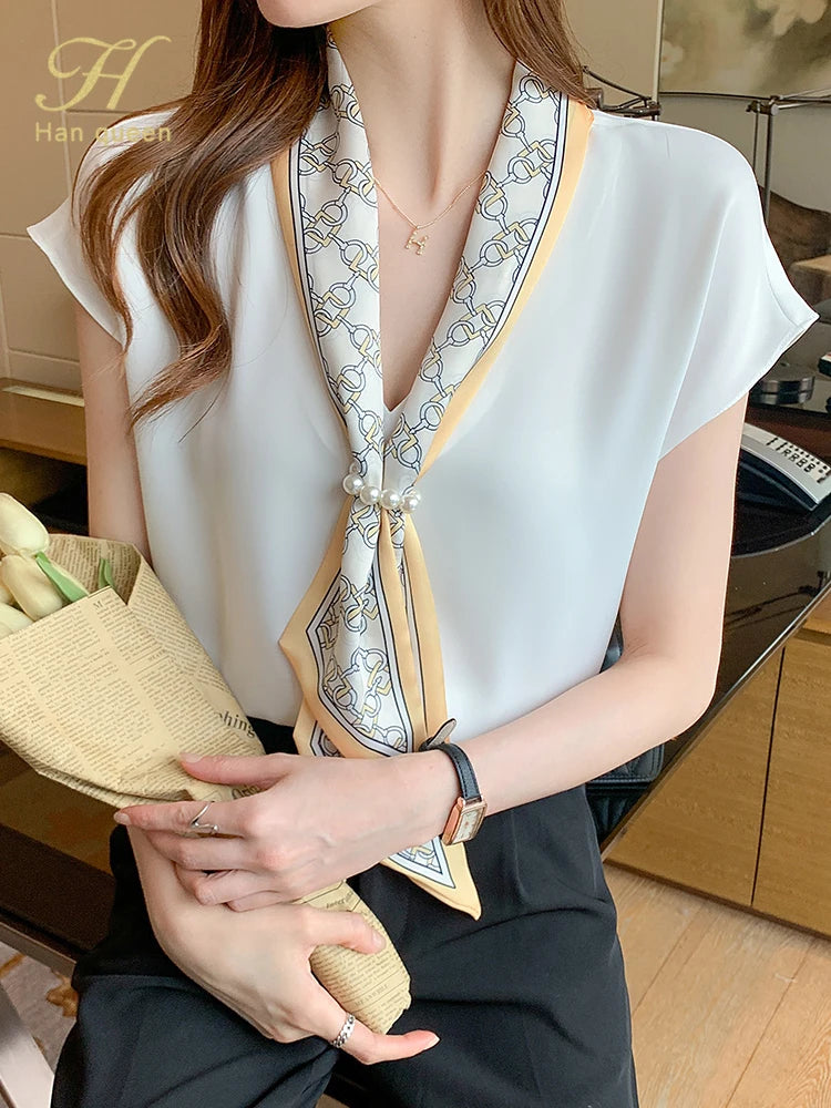 H Han Queen Chiffon V Neck Office Blouse Women