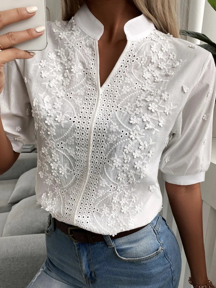MagesuekCN Embroidered Cotton Women Blouse Lantern V Neck