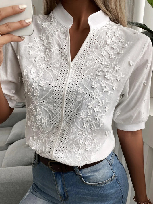 MagesuekCN Embroidered Cotton Women Blouse Lantern V Neck