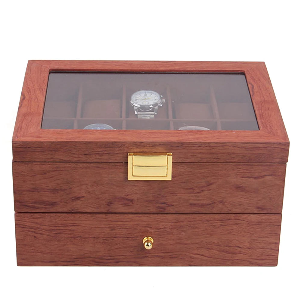 Elegant 2-Tier Wooden Watch Box with Glass Cover and Compartments