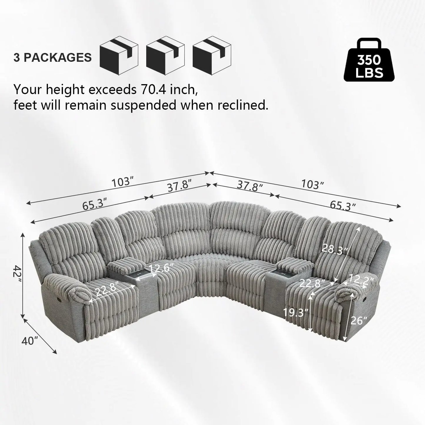 TODRANICN Power Reclining L Shaped Fuzzy Rabbit Plush Sofa