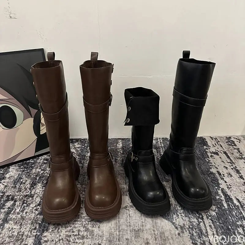 YBQJOO Vintage Square Toe Low Heel Knee High Boots Platform