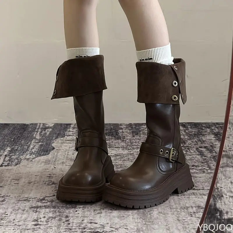YBQJOO Vintage Square Toe Low Heel Knee High Boots Platform