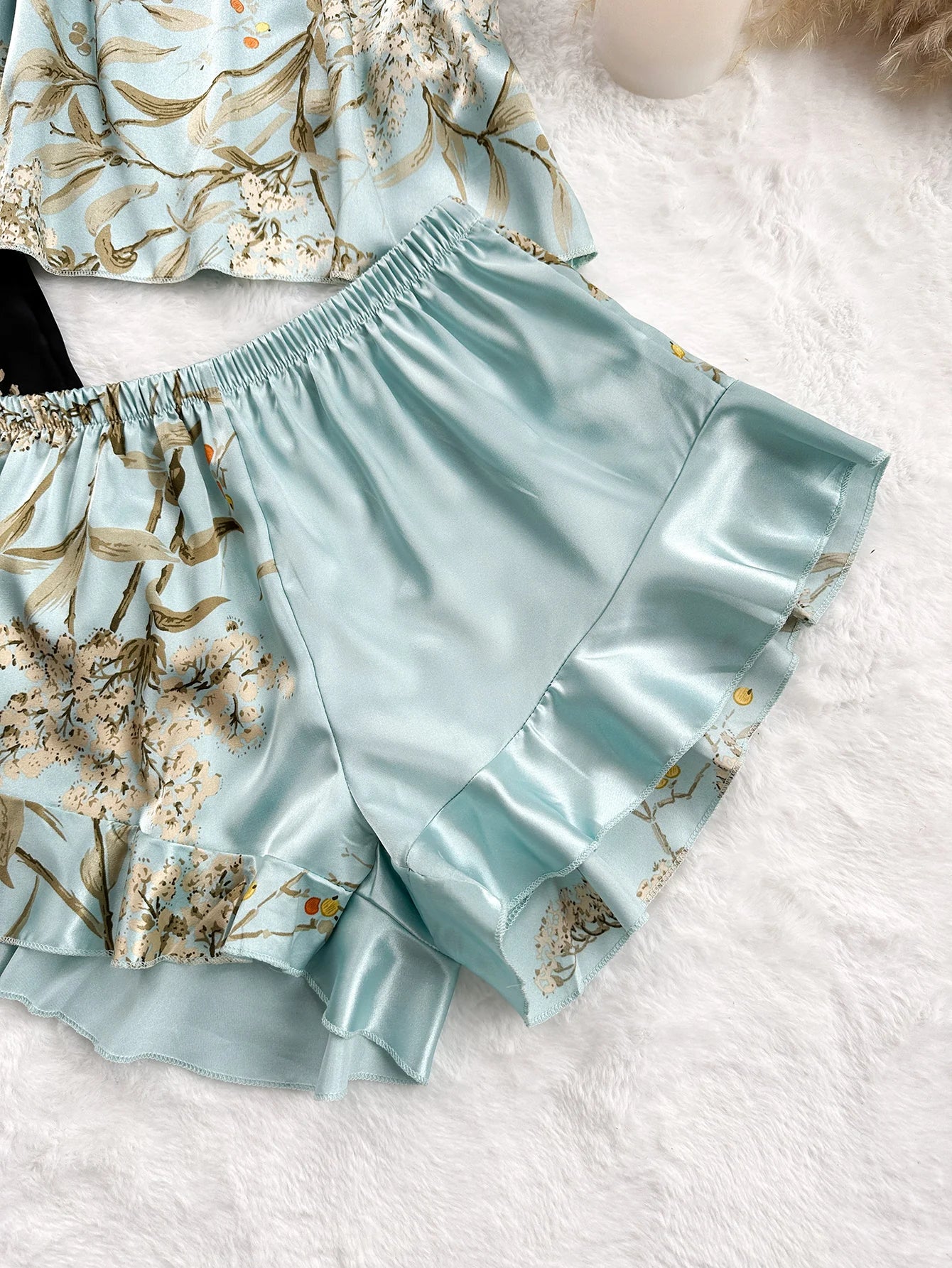 ZhejiangChoice Cherry Print Satin Pajama Set V Neck Halter