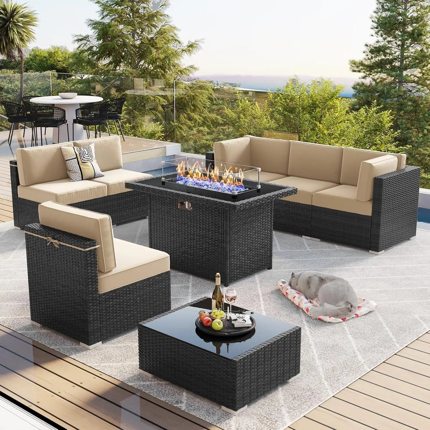 Outdoor Wicker Rattan Conversation Set With Fire Pit Table 15 Piece Patio Furniture Set
