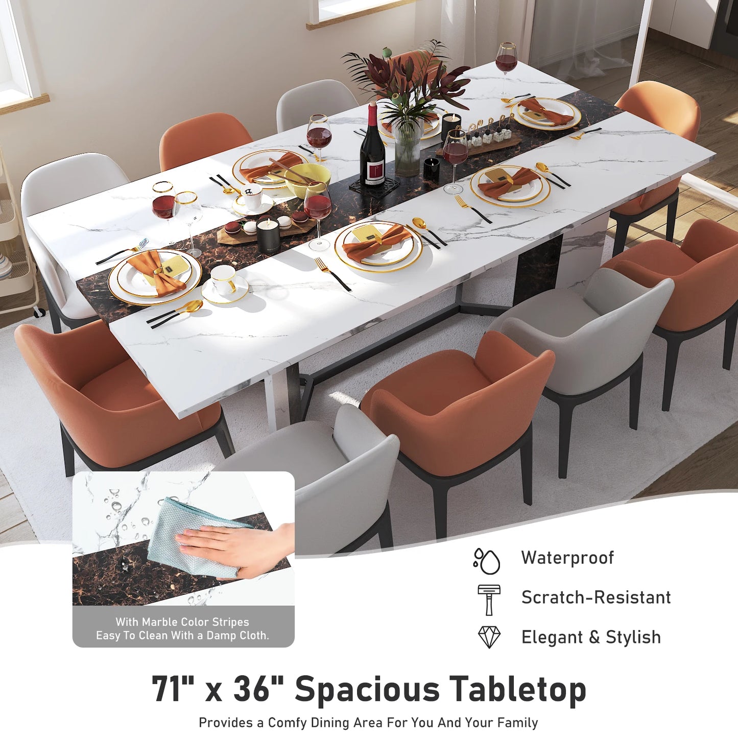 71 Inch Large Rectangular White Dining Table for 4 to 10 People Modern Family Dinner Table with Marble Color Wood Top and Metal Legs