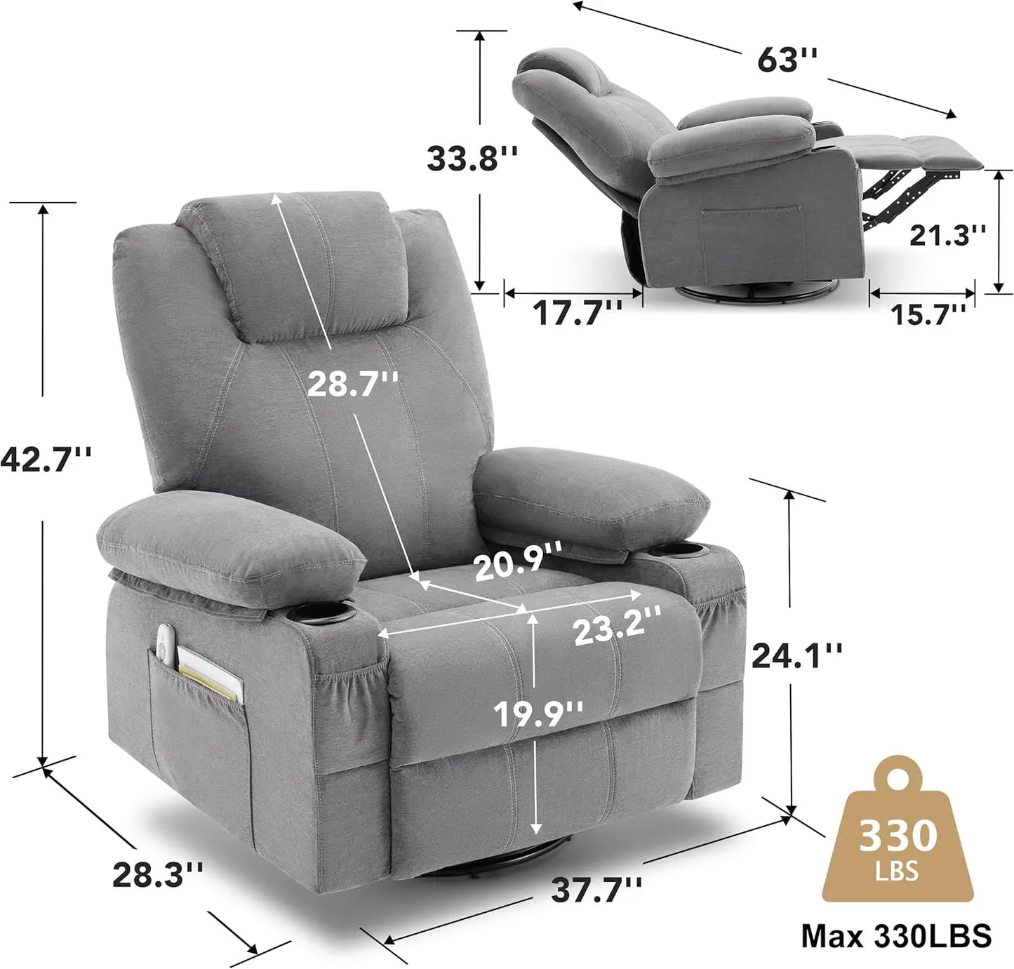 XMSJ Swivel Rocker Recliner Chair With Heat And Massage USB