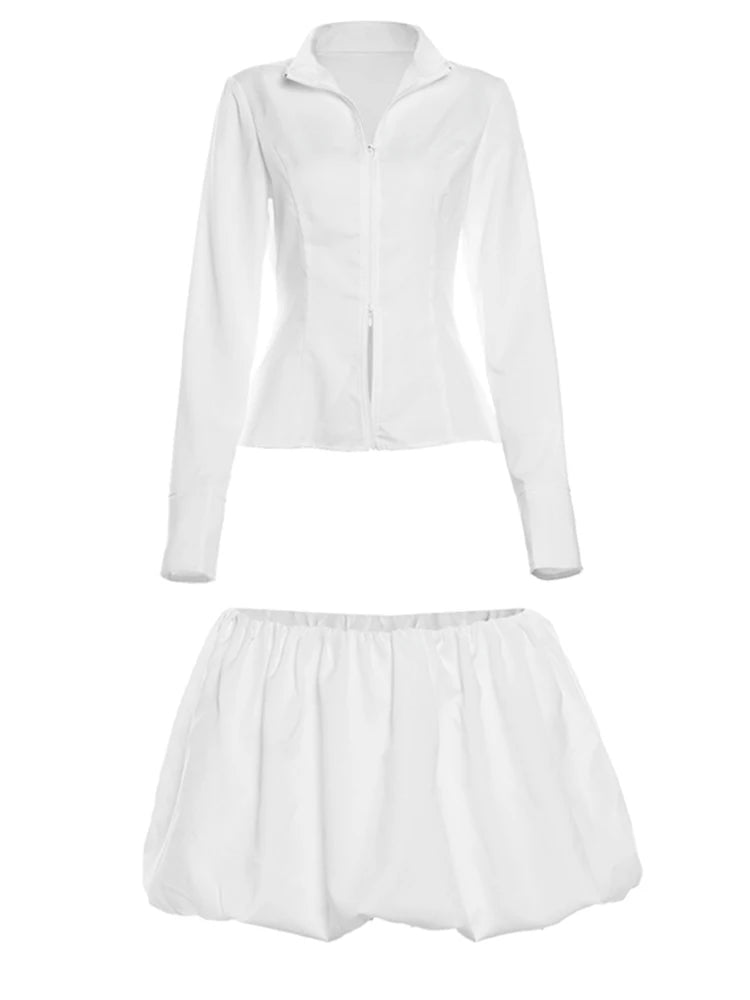 Weird Puss Women's Casual Crop Top and Puffy Skirt Set