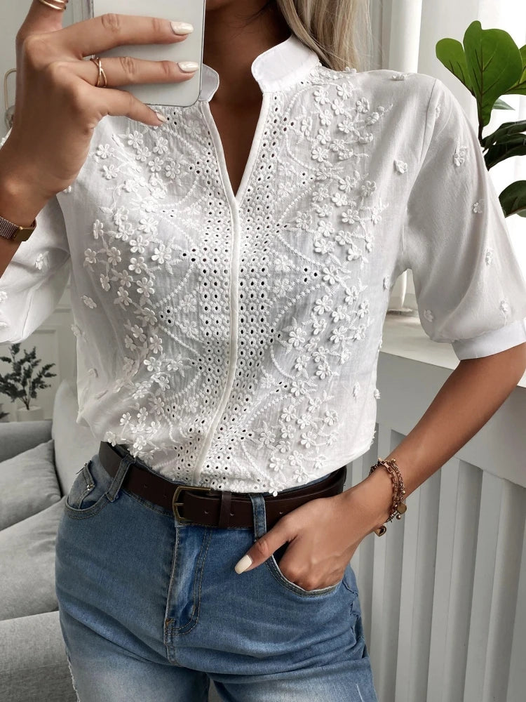 MagesuekCN Embroidered Cotton Women Blouse Lantern V Neck