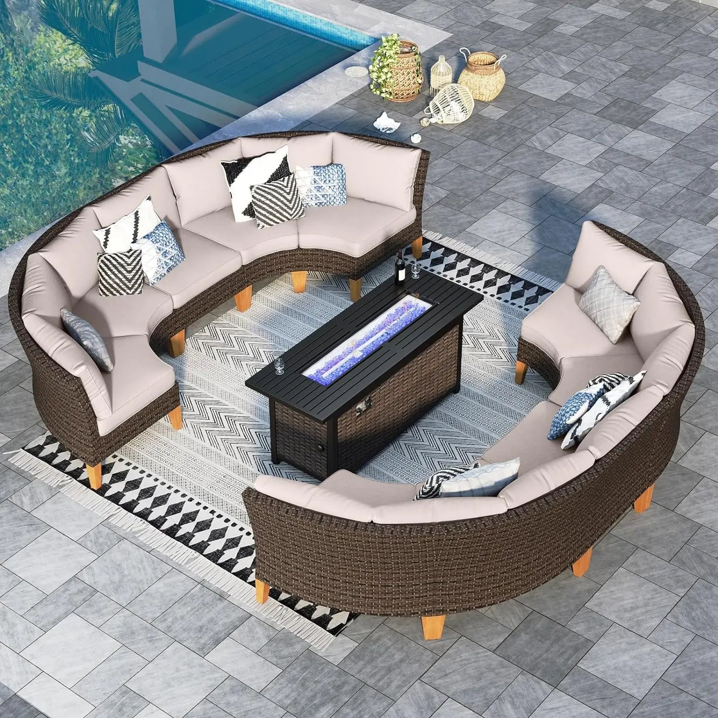 12 Piece Curved Outdoor Sectional Sofa Set Rattan Patio Conversation Set Beige