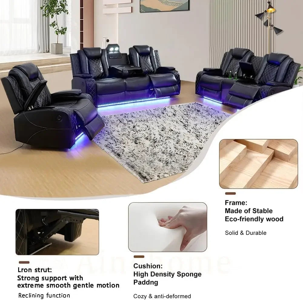 XMSJ Power Air Leather Recliner Sofa Set With LED Lights